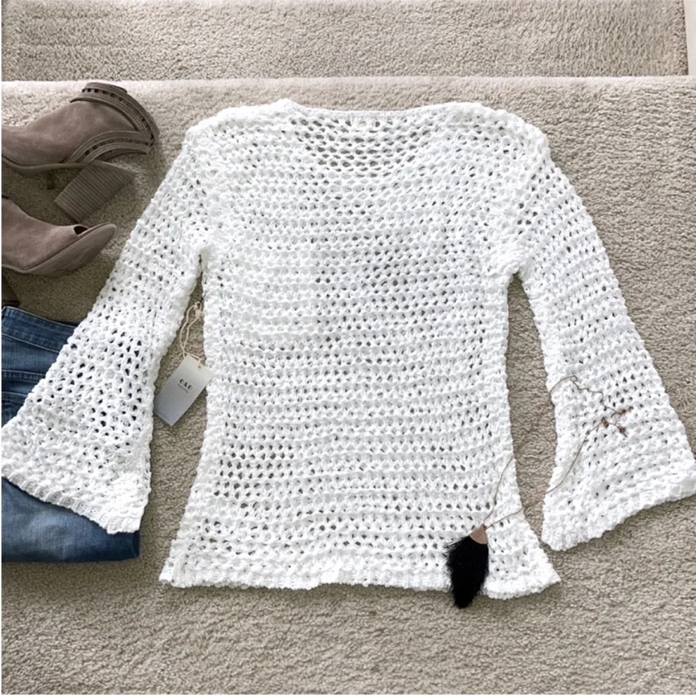 White Open Weave, Bell Sleeve Sweater - Picture 6 of 6